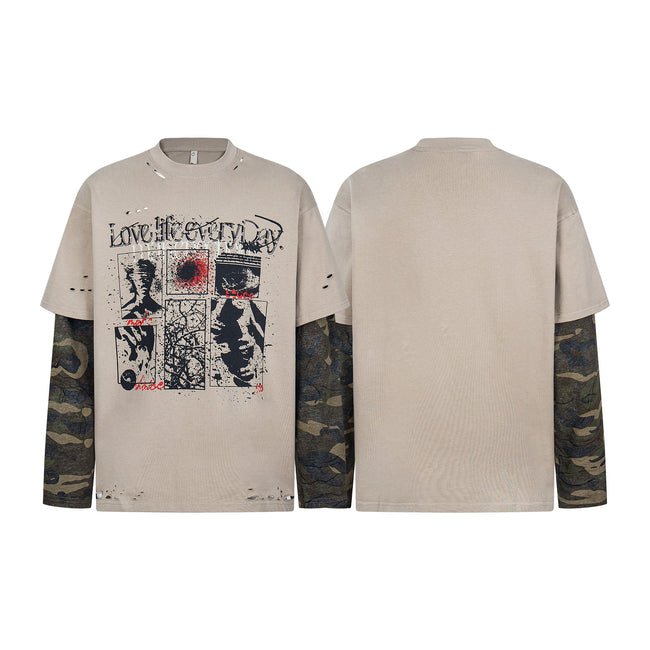 Omirad Layered Camo-Sleeve Distressed Graphic Tee Hover Image