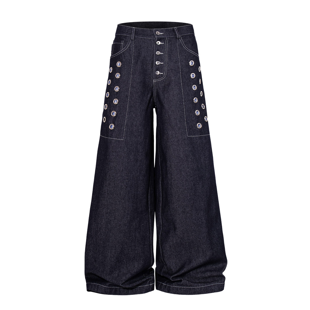 Omirad Raw Denim Eyelet Wide-Leg Jeans
