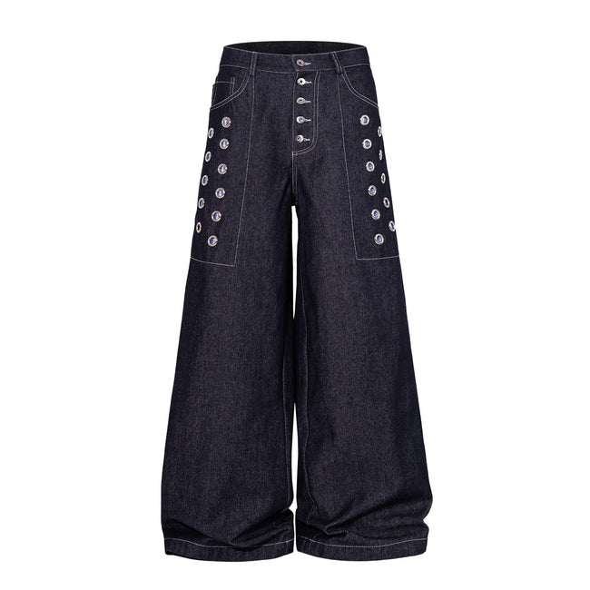 Omirad Raw Denim Eyelet Wide-Leg Jeans Main Image