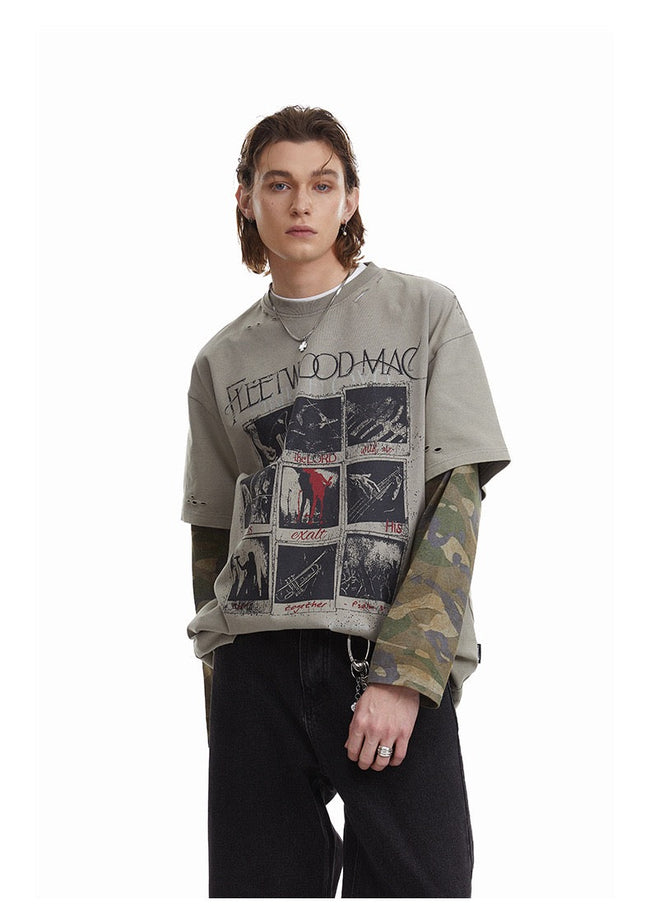 Omirad Layered Camo-Sleeve Distressed Tee Main Image