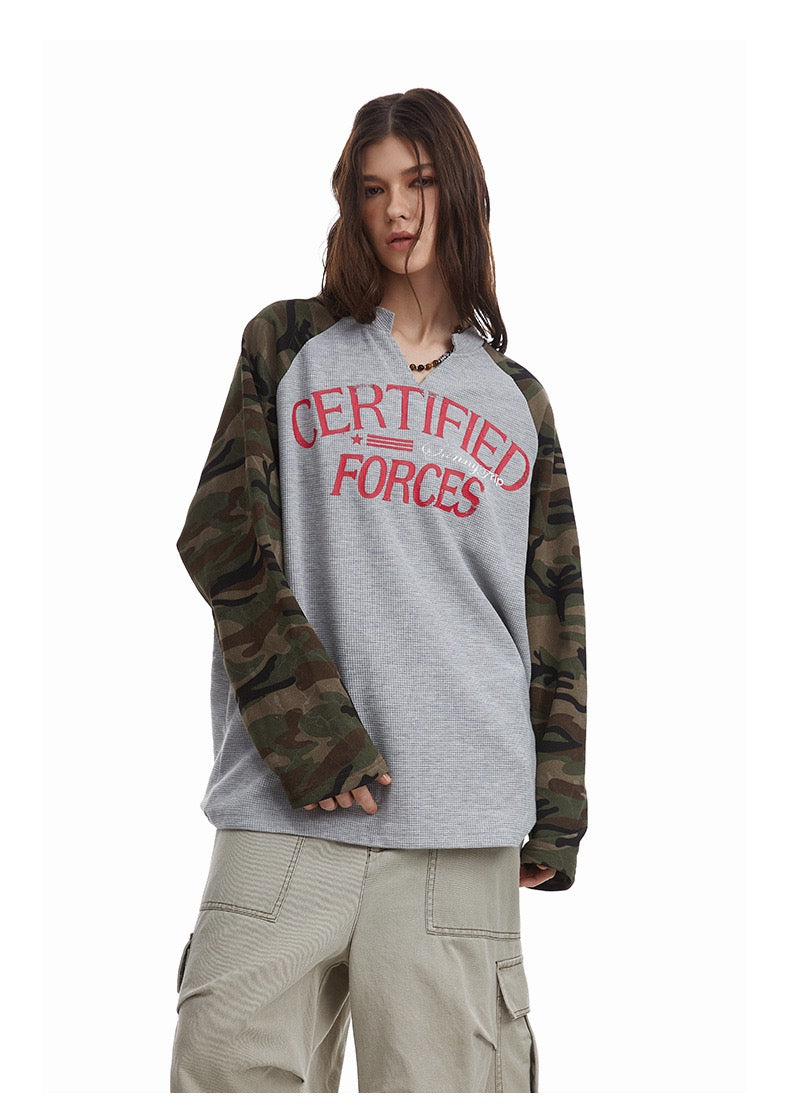Omirad Camo-Sleeve Varsity Graphic Long-Sleeve Tee