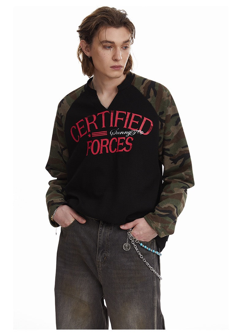 Omirad Camo-Sleeve Varsity Graphic Long-Sleeve Tee