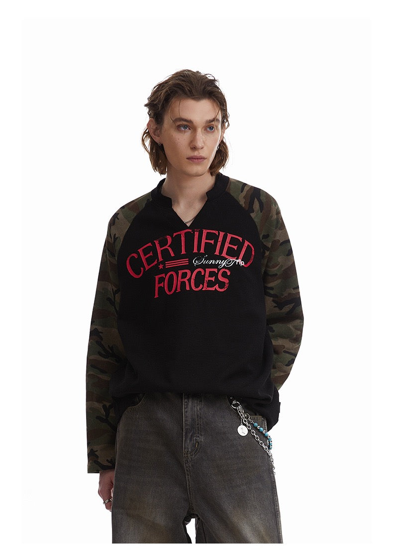 Omirad Camo-Sleeve Varsity Graphic Long-Sleeve Tee