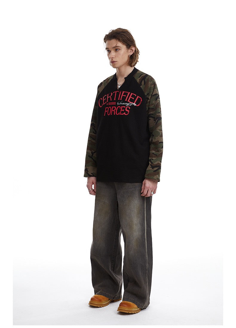 Omirad Camo-Sleeve Varsity Graphic Long-Sleeve Tee
