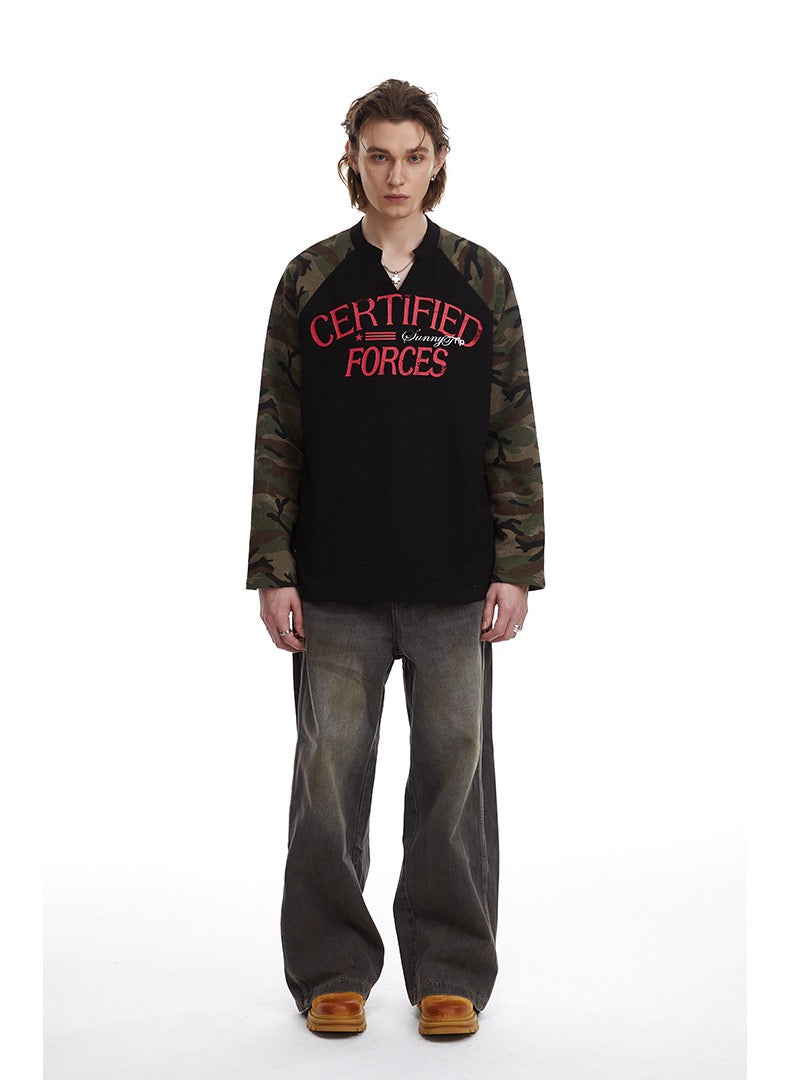 Omirad Camo-Sleeve Varsity Graphic Long-Sleeve Tee