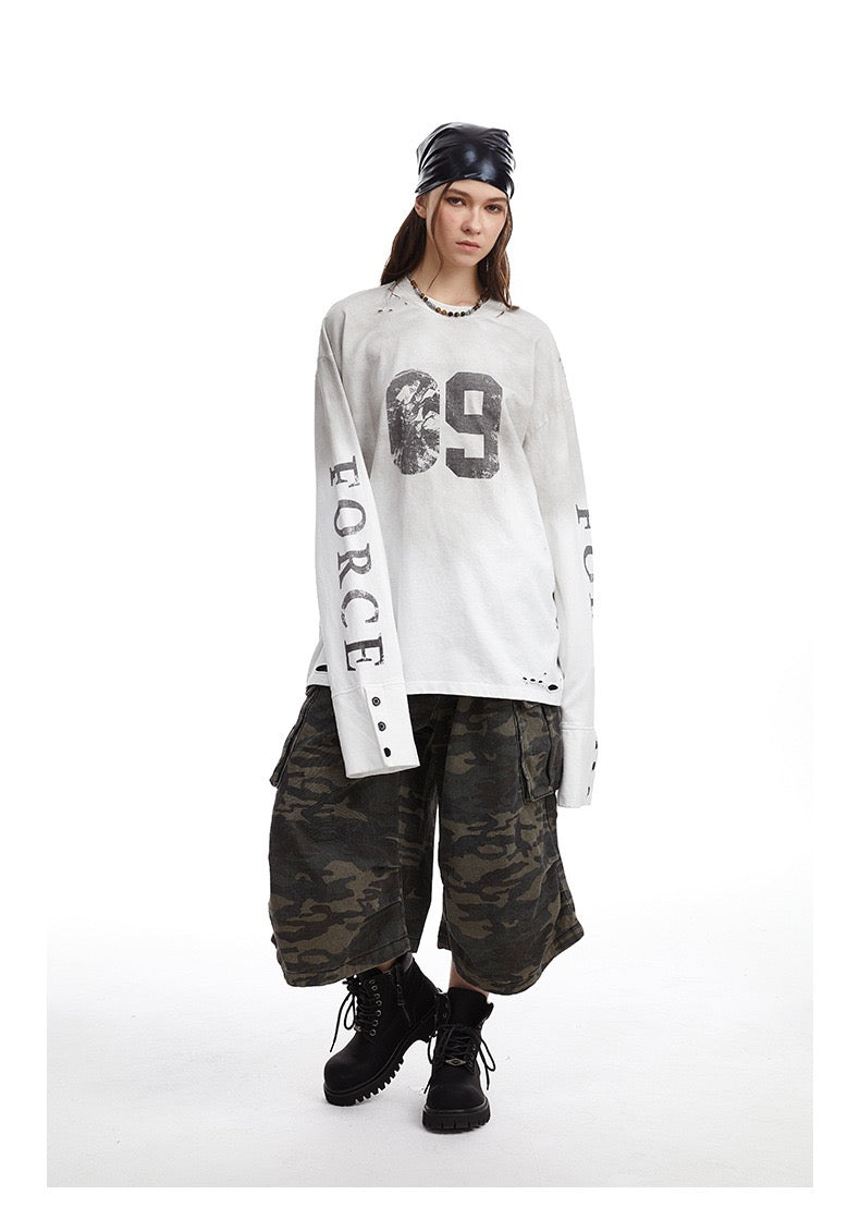 Omirad Distressed Number Graphic Long-Sleeve Tee