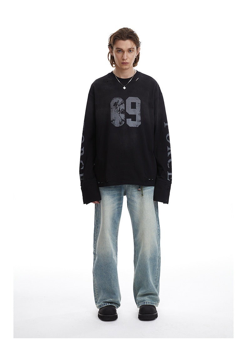 Omirad Distressed Number Graphic Long-Sleeve Tee