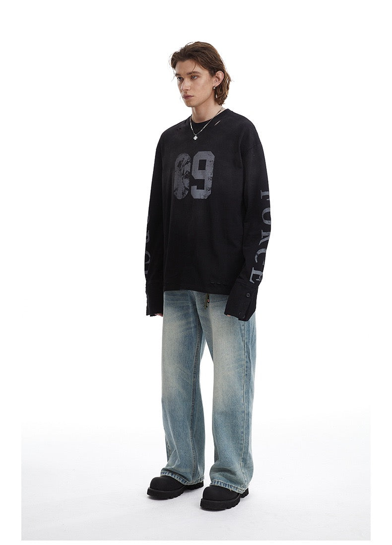 Omirad Distressed Number Graphic Long-Sleeve Tee