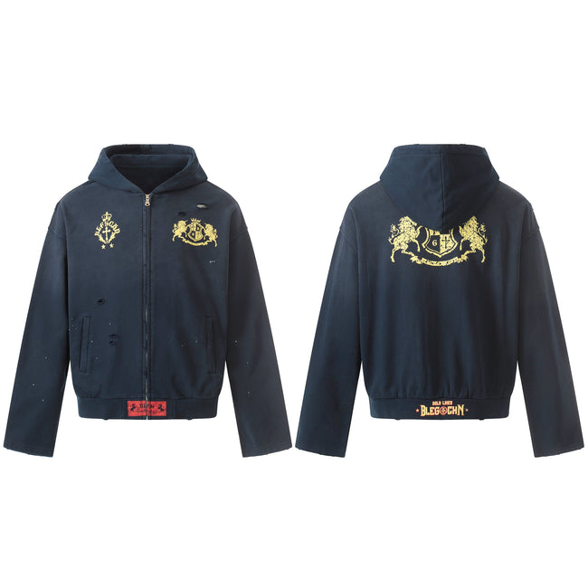 Omirad Distressed Crest Zip-Up Hoodie Hover Image