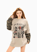 Omirad Layered Camo-Sleeve Distressed Graphic Tee