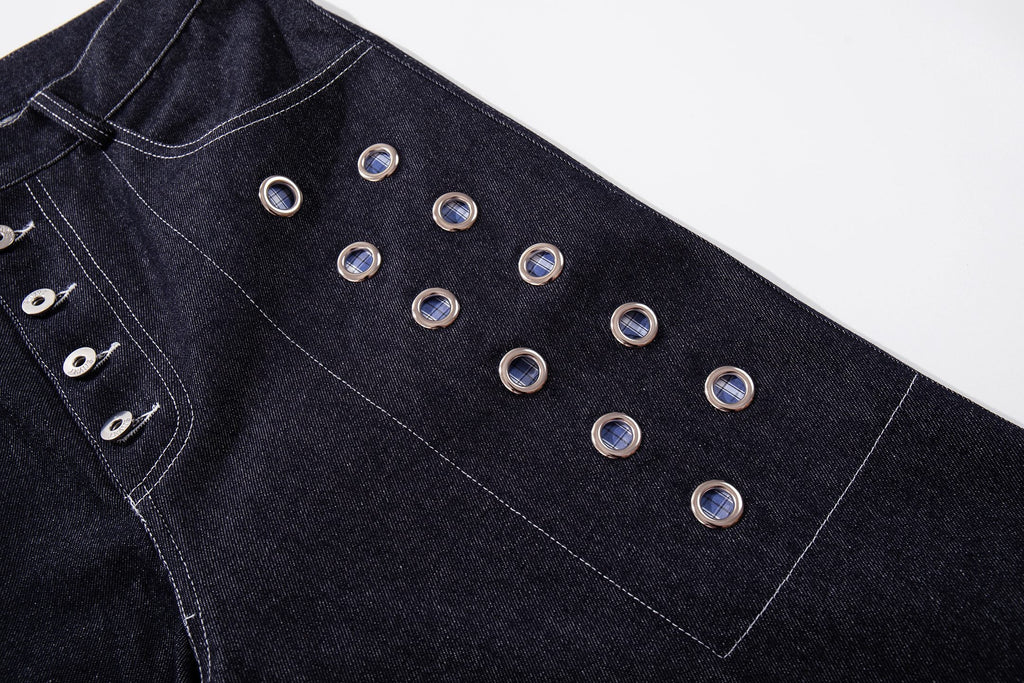 Omirad Raw Denim Eyelet Wide-Leg Jeans