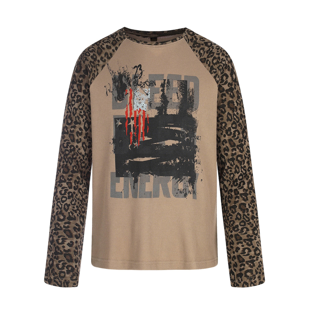 Omirad Leopard Sleeve Graphic Waffle Long Sleeve T-Shirt