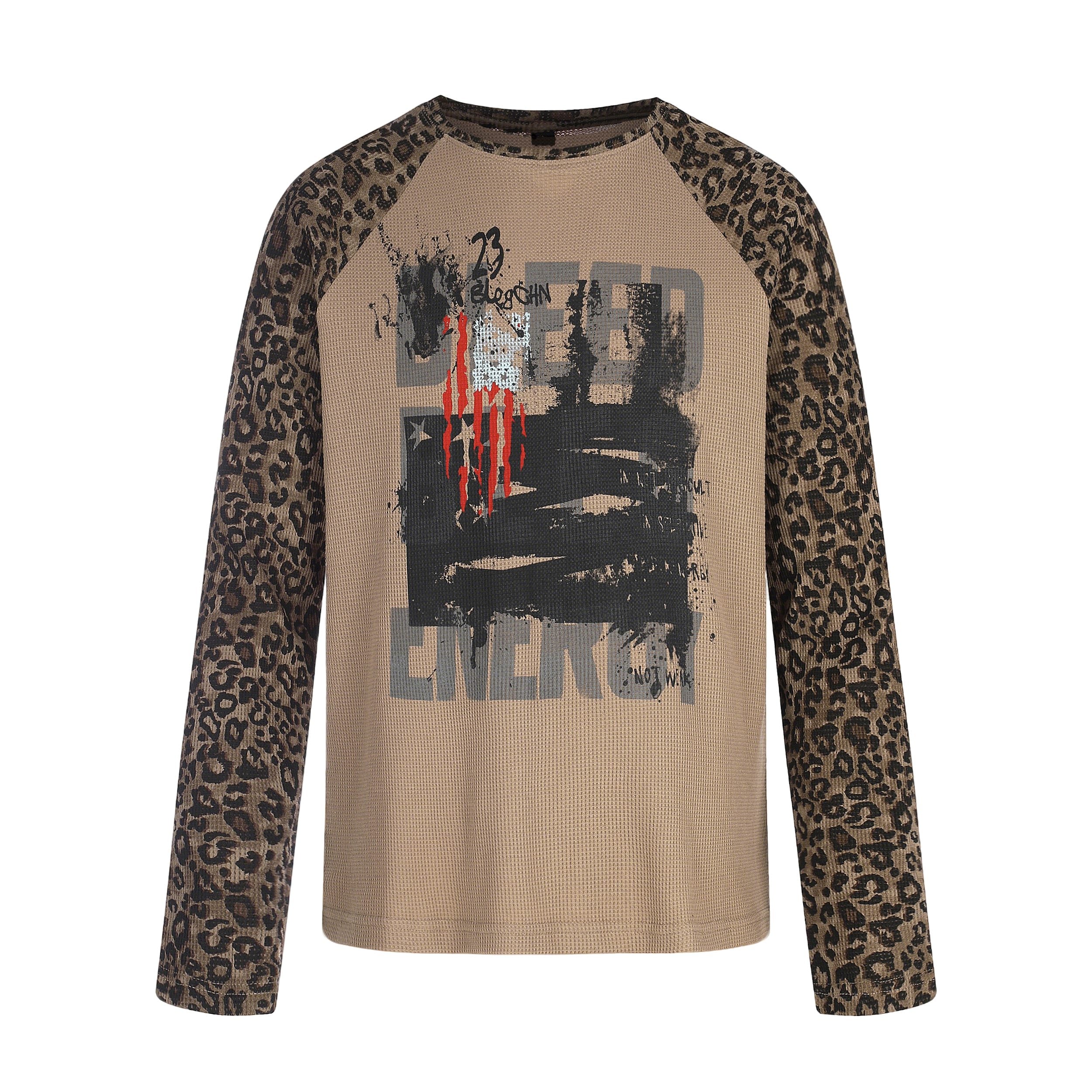 Omirad Leopard Sleeve Graphic Waffle Long Sleeve T-Shirt