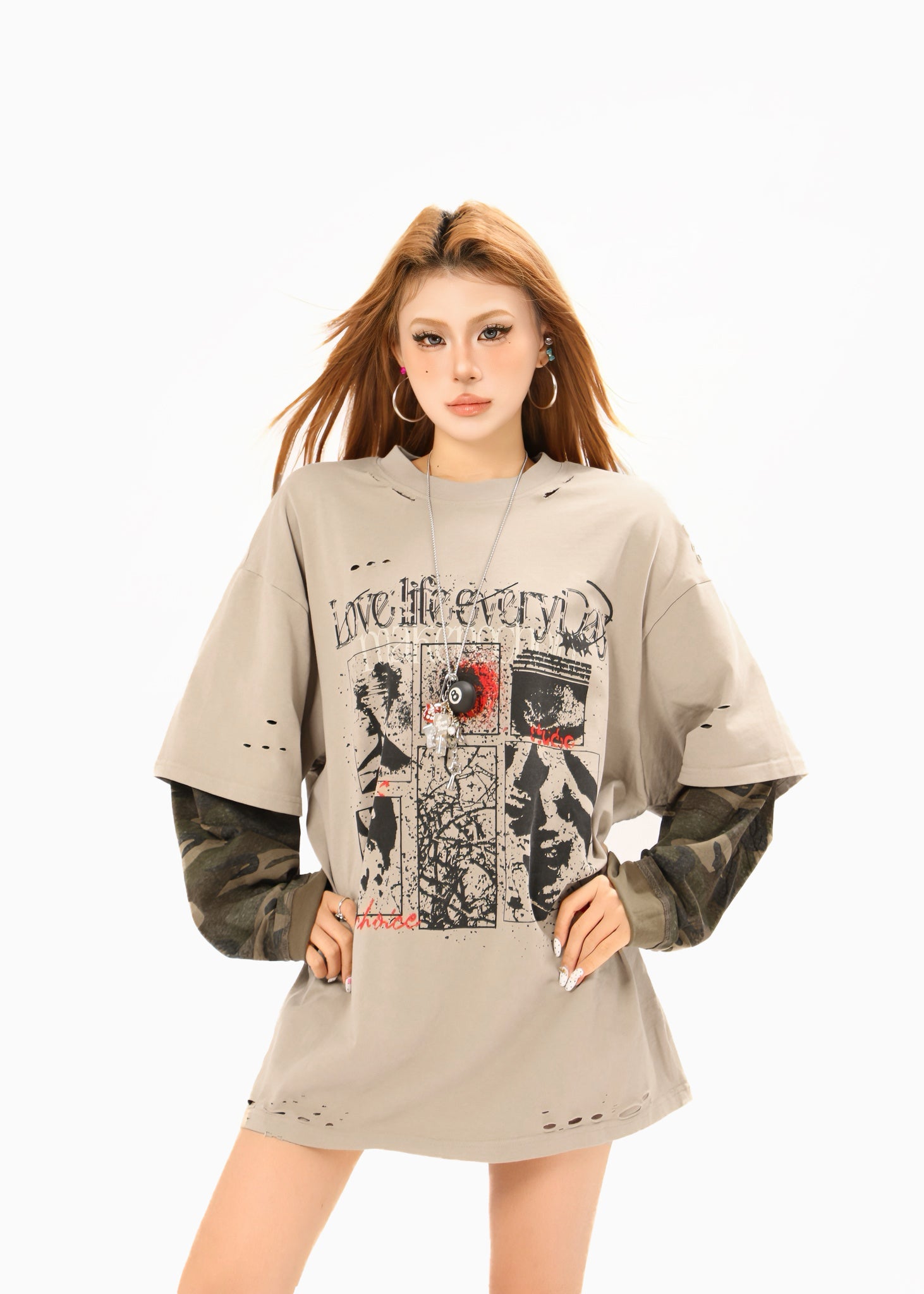 Omirad Layered Camo-Sleeve Distressed Graphic Tee