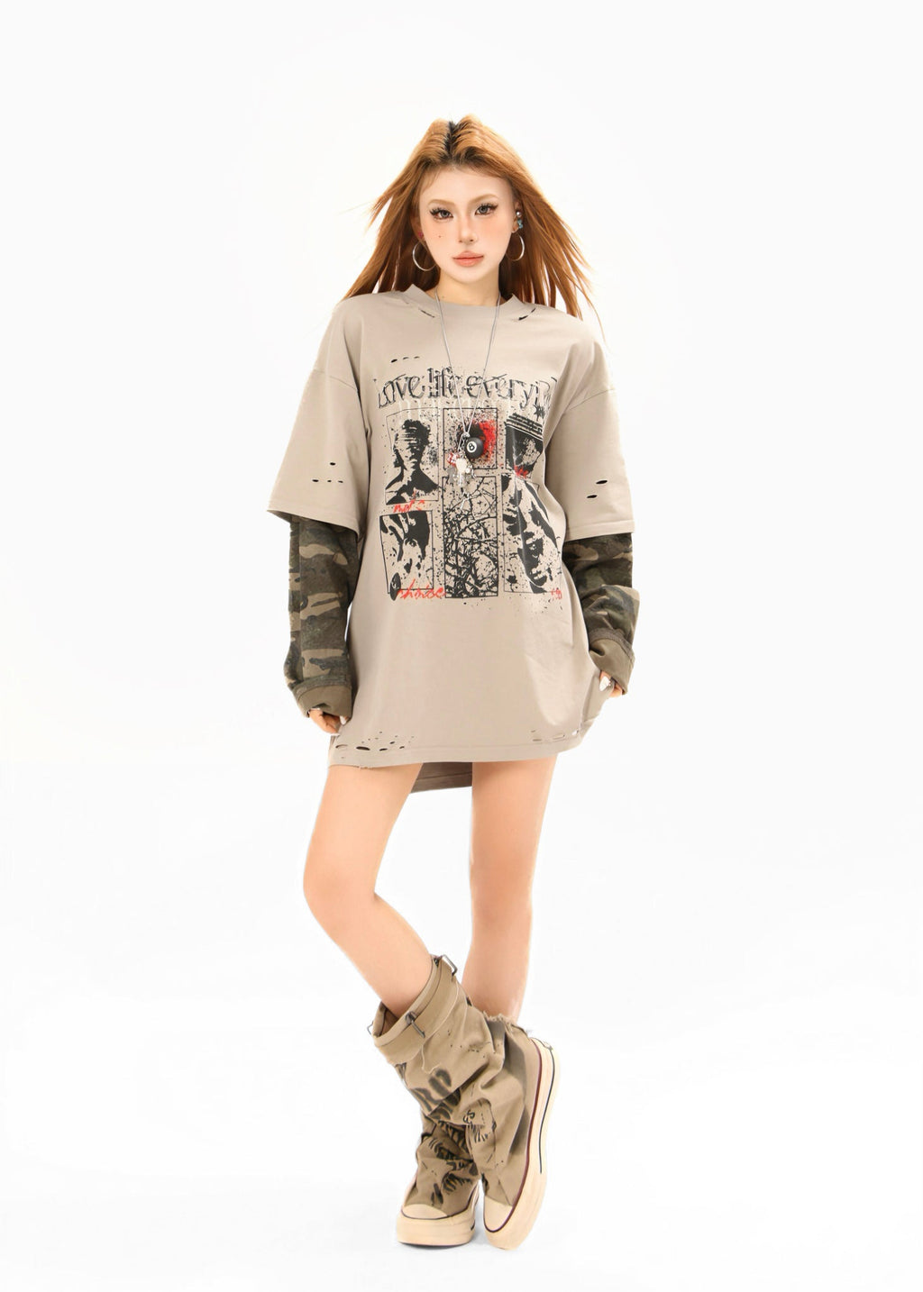 Omirad Layered Camo-Sleeve Distressed Graphic Tee
