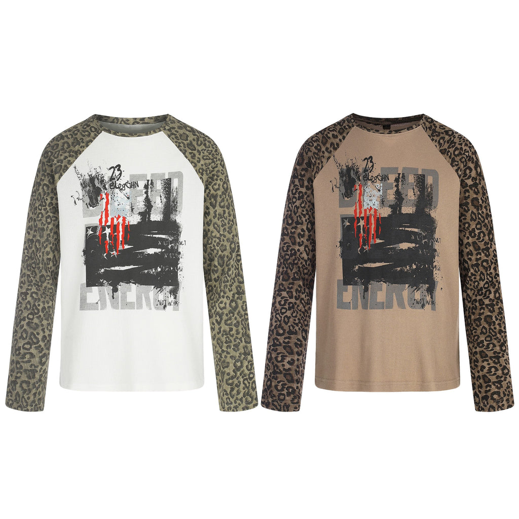 Omirad Leopard Sleeve Graphic Waffle Long Sleeve T-Shirt