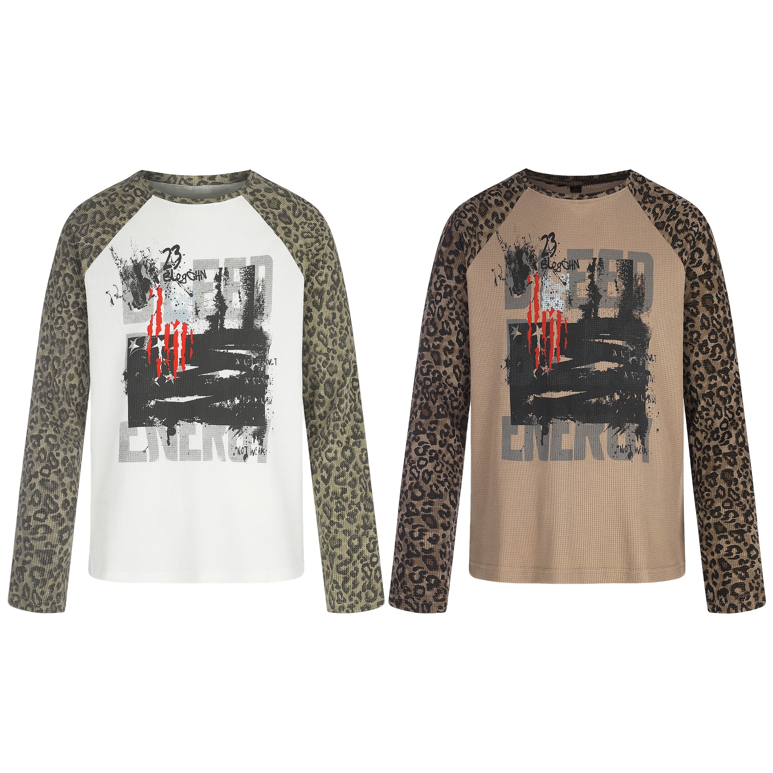 Omirad Leopard Sleeve Graphic Waffle Long Sleeve T-Shirt